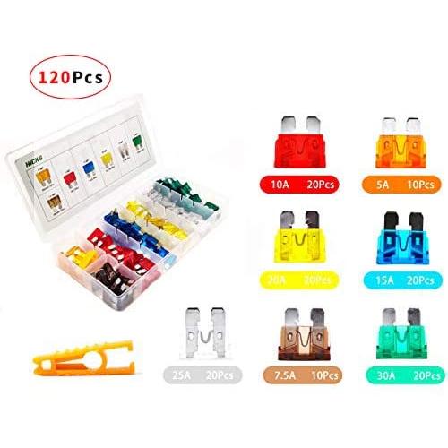 HICKS 120pc ATC/APR/ATO/ATS Automotive Blade Standard Fuse Assorted Set (5/7.5/10/15/20/25/30AMP) 32V 12V for Car Truck RV Automotive Motor Boat Replacement Kit