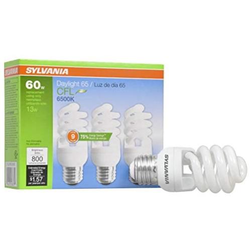 SYLVANIA CFL T2 Twist Light Bulb, 60W Equivalent, Efficient 13W, E26 Medium Base, 6500K Daylight, 3 pack