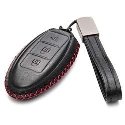 Vitodeco Leather Smart Key Fob Case Cover for 2020 Nissan Versa, Sentra, Altima, Maxima, Rogue, 2020 Infiniti Q50, Q60, QX50, QX60, QX80 and More Models (3 Buttons, Black/Red)