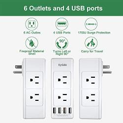EyGde Power Strip Wall Outlet Extender with 6 Outlets(3 Sided) and 4 USB Ports, Outlet Splitter with Rotating Plug, Multi Plug Outlet for Travel, Home, Dorm, Office, 1700 Joules, White