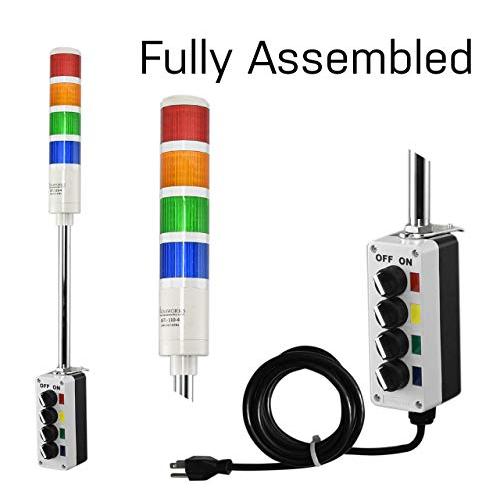 Signaworks 4 Stack Super Bright LED Andon Tower Light, Off-Steady, Red/Amber/Green/Blue, 8 ft Power Cord, Plug & Play Ready