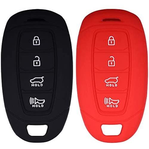 Lcyam Key Fob Cover Silicone Protection Case Remote Holder Fits for 2019 2020 Hyundai Kona Santa Fe Veloster Sonata Keyless Smart Key 4 Button (Black Red)