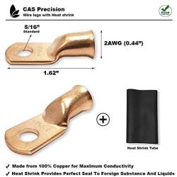 Ring Terminal Connectors Battery Wire Lugs Pure Copper Heavy Duty Cable Ends with Heat Shrink Tube 2AWG 4AWG 6AWG 8AWG (2AWG 5/16'' Ring)