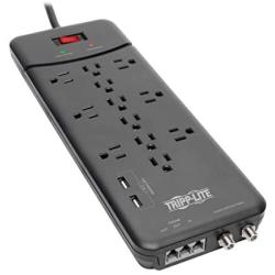 Tripp Lite TLP128TTUSBB 12 Outlet Surge Protector Power Strip, 2 USB Charging Ports, Tel/Modem/Coax Protection, 8ft Cord Right Angle Plug, Black, Lifetime Insurance & $150K Insurance