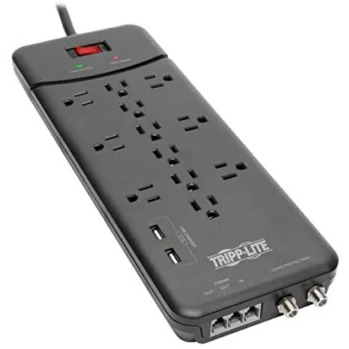 Tripp Lite TLP128TTUSBB 12 Outlet Surge Protector Power Strip, 2 USB Charging Ports, Tel/Modem/Coax Protection, 8ft Cord Right Angle Plug, Black, Lifetime Insurance & $150K Insurance Tripp Lite TLP128TTUSBB 12 Outlet Surge Protector Power Strip, 2 USB Charging Ports, Tel/Modem/Coax Protection, 8ft Cord Right Angle Plug, Black, Lifetime Insurance & $150K Insurance