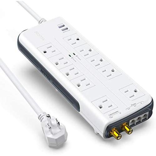 BESTEK 10-Outlet 6 Feet Extension Cord 4000 Joules Power Strip with USB 15A 1875W Surge Protector with Dual 2.4A USB Charging Port Desktop Charging Station, Wide Spaced Outlet for Large Plug