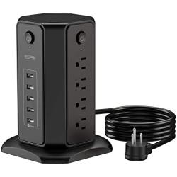 Power Strip Tower - NTONPOWER 10ft Extension Cord Flat Plug Surge Protector, 8 Outlets 5 USB Desktop Charging Station, Individual Switches Control, 1080 J, Circuit Breaker for Home Office, UL Listed