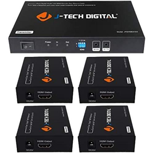 J-Tech Digital 1x4 HDMI Extender Splitter Combo Over Cat5e/Cat6 cable up to 164 feet (50 meters) at 1080P with Local Loop out and Bi-directional IR control (JTDHDEX1x4)