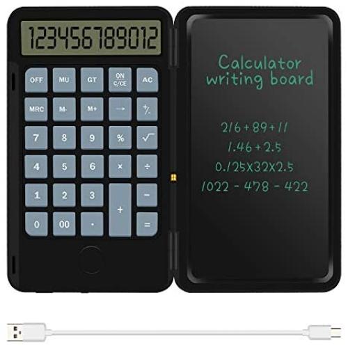 Basic Calculator Notepad with 6.5 Inch LCD Writing Tablet, Rechargeable, Lock Button and E-Pen,12 Digit Display, Also Inkless Drawing/Memo Pads/Planning Boards, Hand-held for Daily and Basic Office
