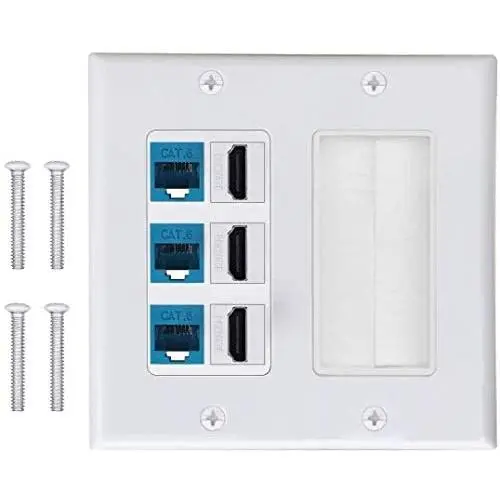 3 CAT6 RJ45 Ethernet + 3HDMI HDTV Type Keystone Face Plate IQIAN Brush Wall Plate, Wall Socket for HDTV, HDMI, Home Theater Systems.