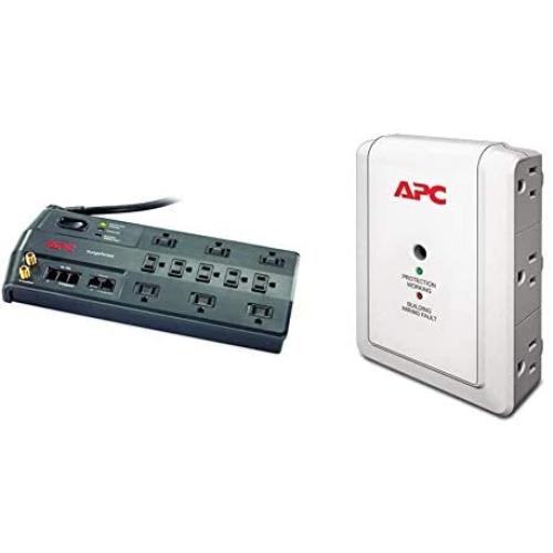 APC Surge Protector, 11 Outlet Surge Protector Power Strip Black & Wall Outlet Multi Plug Extender, P6W, (6) AC Multi Plug Outlet, 1080 Joule Surge Protector Beige