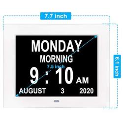 LaMi 7.5 Inch Digital Calendar Day Date Clock - 12 Alarm Options,Extra Large Non-Abbreviated Day&Month Memory Loss Clock for Seniors,Dementia,Impaired Vision (White)