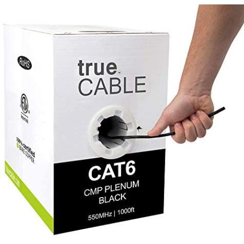 trueCABLE Cat6 Plenum (CMP), 1000ft, Black, 23AWG 4 Pair Solid Bare Copper, 550MHz, ETL Listed, Unshielded Twisted Pair (UTP), Bulk Ethernet Cable
