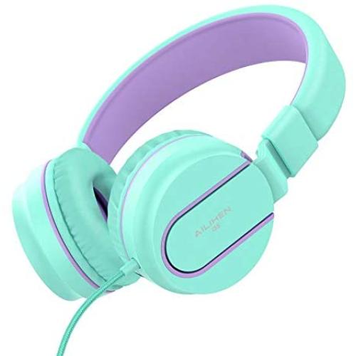 AILIHEN I35 Kid Headphones with Microphone Volume Limited 85dB Children Girls Boys Teen Lightweight Foldable Wired Headset for School Online Course Chromebook Cellphones Tablets (Green Purple)