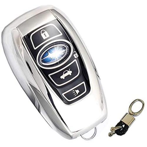 BFANG for Subaru Key Fob Case Cover, TPU Key Fob Shell Keyless Remote Control Smart Key with KeyChain Fit for Subaru WRX Outback Ascent Forester Crosstrek Legacy Impreza Smart Remote Fob Keys (silver)