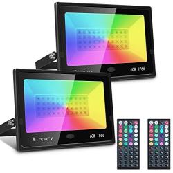 Minpory 60W LED Flood Lights RGB Changing Color Stage Light Indoor 2400LM IP66 Waterproof Dimmable Landscape Outdoor Decoration Security Lights for Garden Christmas Party, 2 Pack