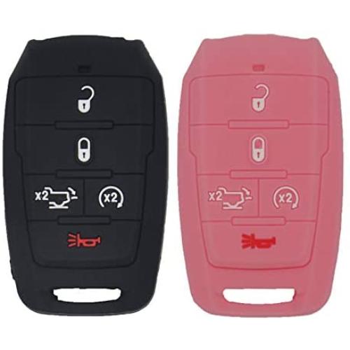 WEIBISS 2 Pack 5 Buttons Key Fob Cover Case Protector Shell Remote Jacket Keyless Entry Holder Bag Compatible with Dodge 2021 2020 2019 Ram 1500 Pickup 68291690AB/AC/AD, Black Pink