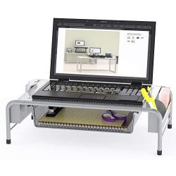 SimpleHouseware Metal Desk Monitor Stand Riser with Organizer Drawer, Silver