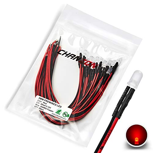 [UL Wire] Chanzon 20 pcs Pre-Wired 5mm Red LED Diode Lights (Round Diffused Frosted Lens DC 12V) with 680 ohms 1/4W Resistor and 24awg Wire Indicator Light 5mmled Emitting Diodes Lighting