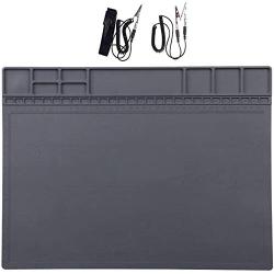 Anti Static Soldering Mat ESD Safe for Electronics, HPFIX ESD Mat Heat Resistant with ESD Wristband and Grounding Wire for Computer, iPhone iPad iMac,Laptop 15.9” x 12” Grey