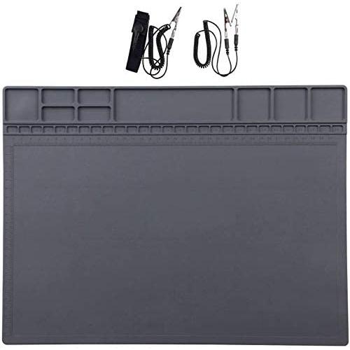 Anti Static Soldering Mat ESD Safe for Electronics, HPFIX ESD Mat Heat Resistant with ESD Wristband and Grounding Wire for Computer, iPhone iPad iMac,Laptop 15.9” x 12” Grey