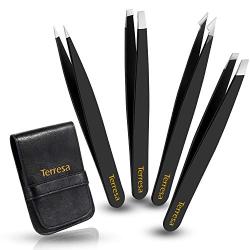 Tweezers Set, Teresa 4 Pack Professional Stainless Steel Tweezers for Women and Men, Precision Tweezers for Eyebrows Epilator Tools for Facial Hair, Ingrown Hair, Splinter, Blackhead and Tick Remover