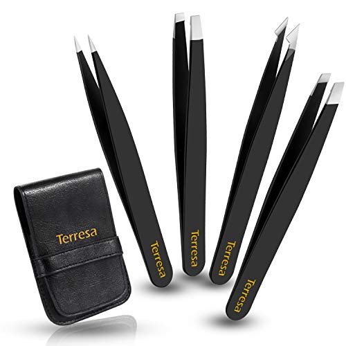 Tweezers Set, Teresa 4 Pack Professional Stainless Steel Tweezers for Women and Men, Precision Tweezers for Eyebrows Epilator Tools for Facial Hair, Ingrown Hair, Splinter, Blackhead and Tick Remover