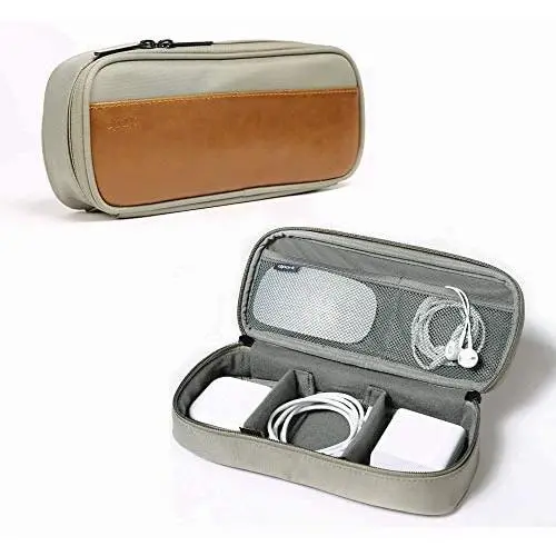 Leather Electronics Organizer, Waterproof Travel Cable Organizer Bag Carrying Pouch Storage Case for Cord, Phone, Chargers, Power Bank, Tech Gadgets (Greyish-Green)