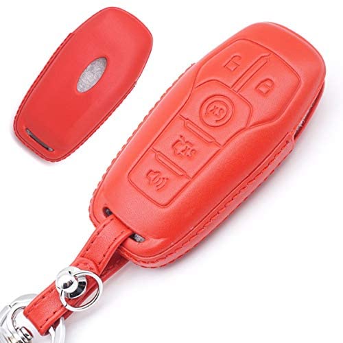 Royalfox(TM) 4 5 Buttons Leather Smart keyless Entry Remote Key Fob case Cover Keychain for Ford Mustang F-150 F-450 Explorer Taurus Fusion Edge,Lincoln MKZ MKC MKX (Leather red)