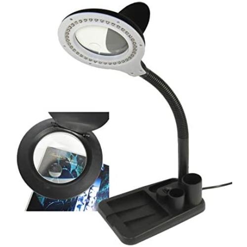 Magnifying Glass Lamp with LED Light and Stand, 5X 10X Magnifier, Lightweight and Adjustable Table and Desk Lamp for Reading, Sewing, Crafts, Hobbies, Close Work, Color Black