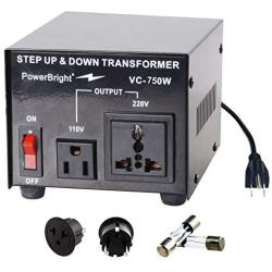 PowerBright 750 Watts Voltage Transformer, Step Up Step Down Power Converter, Used in 110 Volts and 220V Countries, Converts 220V to 110V and 110V to 220V - Fuse Protected, Universal Outlet Socket