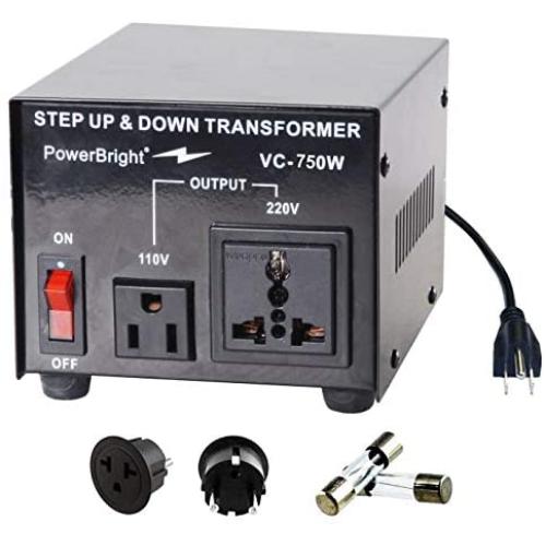 PowerBright 750 Watts Voltage Transformer, Step Up Step Down Power Converter, Used in 110 Volts and 220V Countries, Converts 220V to 110V and 110V to 220V - Fuse Protected, Universal Outlet Socket