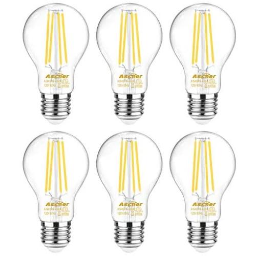Ascher Dimmable E26 LED Filament Light Bulbs, 60 Watt Equivalent, Dimmable E26 LED Filament Light Bulbs, Daylight White 4000K, Classic Clear Glass, A19 LED Light Bulb, 6 Pack