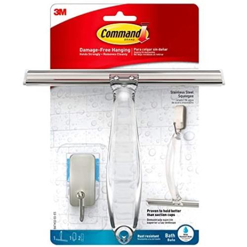 Command Bath Shower Squeegee and Hook With Water-Resistant Adhesive, Holds 1 lb, 1 Squeegee, 1 Hook, 2 Strips, BATH32-SS-ES