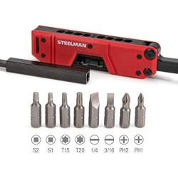 Steelman 10-In-1 Multi-Tip Folding Magnetic Pocket Screwdriver with Carrying Clip and Bottle Opener, Includes 3/16'' and 1/4'' Slotted, PH1, PH2, T15, T20, S1 and S2 Bits