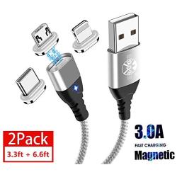 Magnetic Charging Cable (3.3ft+6.6ft,2 Pack) 3 in 1 Magnetic Charger Cable Fast Charging 3.0A Quick Charge & Data Sync Nylon Braided Cord for Android Micro USB,Type C/USB C,Phone Smartphone Tablet