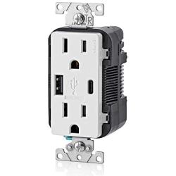 Leviton T5633-W 15-Amp Type-C USB Charger/Tamper Resistant Receptacle, 1-Pack, White