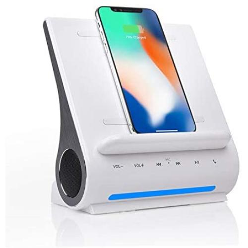 Azpen Dockall D108 - Qi Wireless Fast Charging Docking Station with Upgraded Bluetooth Speaker System White Color, Glossy White