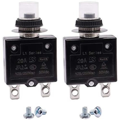 mxuteuk 2Pcs 20Amp Circuit Breakers Push Button Manual Reset 125/250V AC 50V DC, L1 Series Overload Protector Switch Thermal Circuit Breakers with Waterproof Button Caps L1-ls-20A