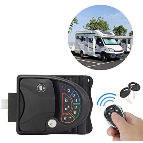 RV keyless Entry Door Lock Handle Latch with 20m Remote Controller,Zinc Alloy Keyless RV Door Handle for Travel Trailer Camper Bus Yacht Truck with Keypad & Fob