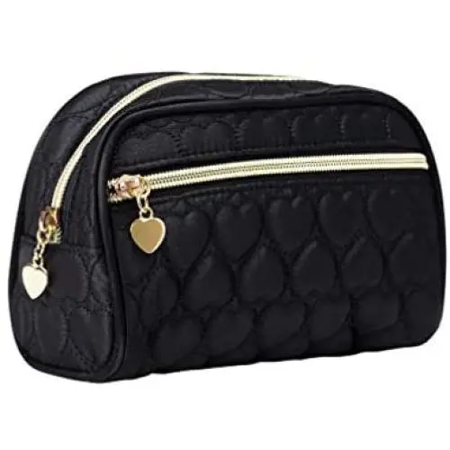 Harper Belle Beauty Quilted Heart Cosmetic Bag | Stylish Makeup Organizer Toiletry Bag for Women | Black