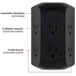 GE UltraPro 6-Outlet Surge Protector Adapter Spaced, 3-Prong Power Strip Wall Tap, Charging Station, Side Access, Black, 47822