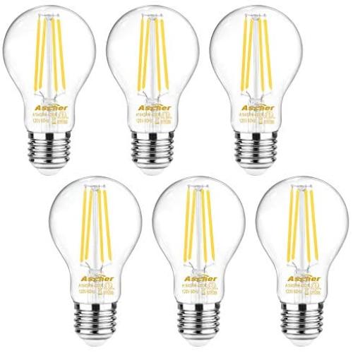 Ascher 60 Watt Equivalent, E26 LED Filament Light Bulbs, Daylight White 4000K, Non-Dimmable, Classic Clear Glass, A19 LED Light Bulb/6-Pack