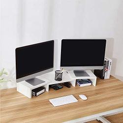 Superjare Dual Monitor Stand Riser, Adjustable Length and Angle Multi Screen Stand, Desktop Stand Storage Organizer for Laptop Computer/TV/PC/Printer- White