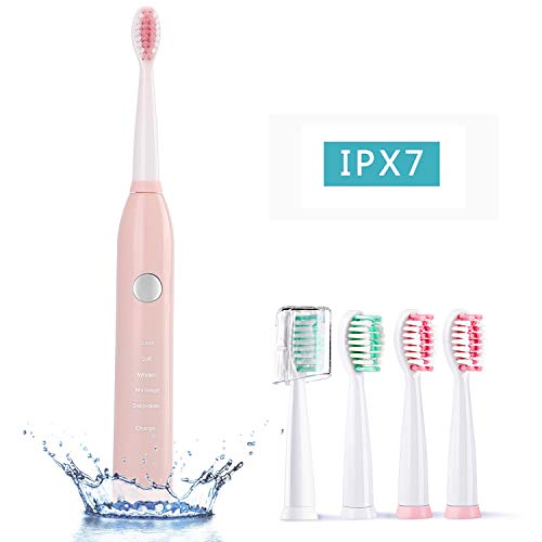 Miss Gorgeous Sonic Electric Toothbrush for Kids and Adult, USB Rechargeable Toothbrush, 5 Modes with 2 Min Build in Timer with 4 Replacement Heads(IPX7 Waterproof, Fast Charging) (pink2)