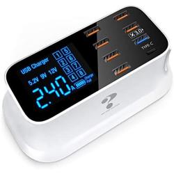 Multiple USB Charger, 8-Port Desktop Charging Station with Quick Charge 3.0 USB Port, Type C Port and LCD Display for Smart Phones, Tablet and More