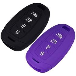 Lcyam Key Fob Cover Silicone Case Remote Holder Fits for 2019 2020 Hyundai Kona Santa Fe Veloster Sonata Keyless Smart Key 4 Button (Black Purple)