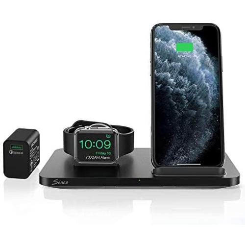 Seneo Wireless Charger, 2 in 1 Wireless Charging Station with iWatch Charger Stand for iWatch 5/4/3/2, 7.5W Qi Fast Charger for iPhone 12/12 Pro/11/11 Pro Max/XR/XS/X/8/8P (with QC3.0 Adapter)