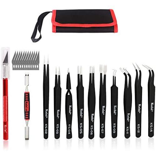 Precision Tweezers Set, Kaisi 12 PCS ESD Tweezer Set, Anti-Static Stainless Steel Tweezers Kit Curved Tweezers for Craft, Jewelry, Electronics, Laboratory Work