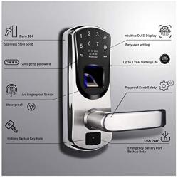 WeJupit V8 Fingerprint Smart Door Lock with Right Handle, Keyless Entry Stainless Steel Touchscreen with Electronic Keypads, Spare Key, Two-Factor Authentication, Biometric Digital Auto-Lock